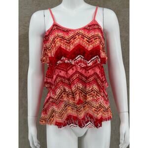 No Boundaries Top Womens Medium Coral‎ Chevron Lace Ruffle Tiered Festival Boho